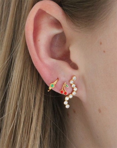 Stine A - Petit Cherry Enamel Single Ørering - Guldfarvet